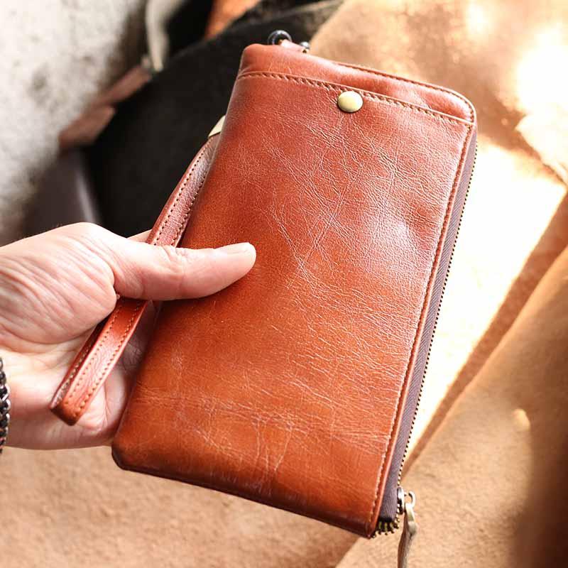 Black Leather Mens Long Wallet Zipper Clutch Wallet Brown Wristlet Long Wallet For Men - imessengerbags