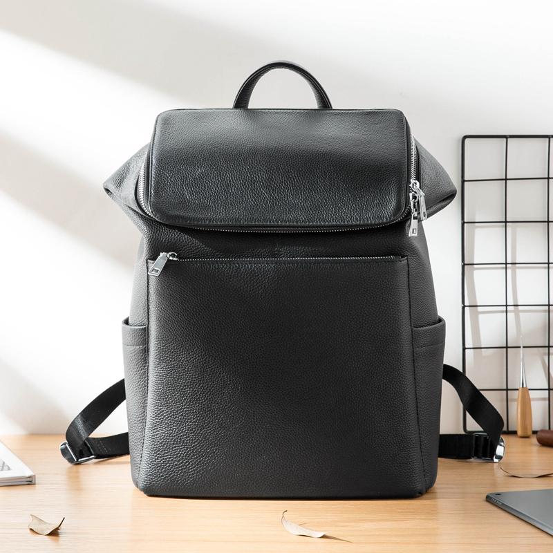 Black Fashion Mens Leather 15-inch Computer Backpacks Travel Backpacks School Backpack for men - imessengerbags