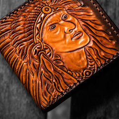 Handmade Leather Indian Chief Tooled Mens billfold Wallet Cool Leather Wallet Slim Wallet for Men - imessengerbags