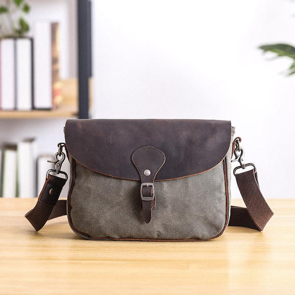 Waxed Canvas Leather Mens 10'' Khaki Side Bag Shoulder Bag Messenger Bag for Men