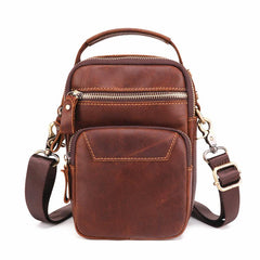 Brown Leather Men's Vertical Small Courier Bag Belt Pouch Mini Messenger Bag Belt Bag For Men