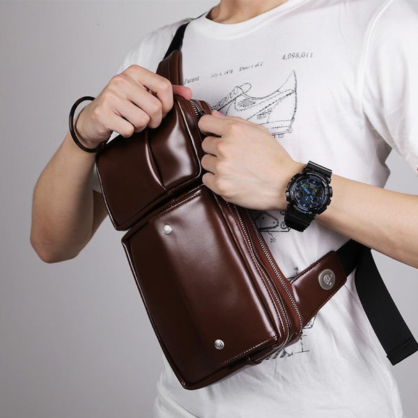 Cool PU Leather Men's Brown One Shoulder Backpack Black Chest Bag Sling Bag For Men - imessengerbags