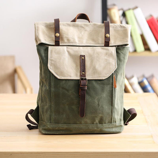 Waxed Canvas Mens Womens 15‘’ Computer Backpack Green School Backpack Hiking Backpack for Men - imessengerbags