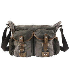 Gray Canvas Leather Mens Cool Side Bag Gray Messenger Bags Casual Courier Bags for Men - imessengerbags