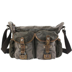 Gray Canvas Leather Mens Cool Side Bag Gray Messenger Bags Casual Courier Bags for Men