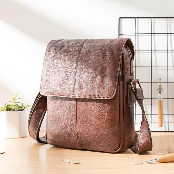 Casual Leather Mens 8 inches Vertical Side Bag Brown Messenger Bags Postman Bag for Men