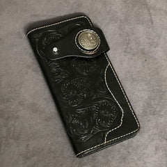 Badass Black Handmade Leather Men's Long Biker Wallet Bifold Tooled Long Wallet For Men