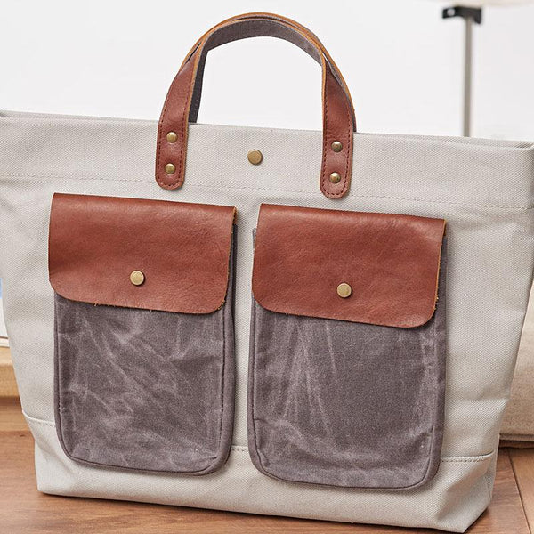 Mens Leather Canvas Large Handbag Canvas Tote Bag Canvas Briefcase for Men