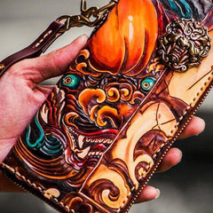 Handmade Leather Tooled Chinese Lion Mens Chain Biker Wallet Cool Leather Wallet Long Phone Wallets for Men - imessengerbags