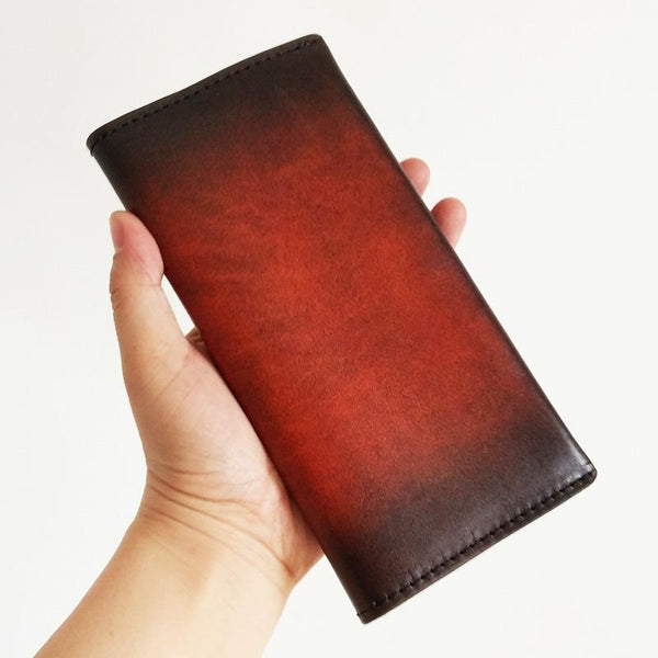 Handmade Mens Leather Brown Long Wallets Wine Red Bifold Long Wallet Clutch for Men - imessengerbags