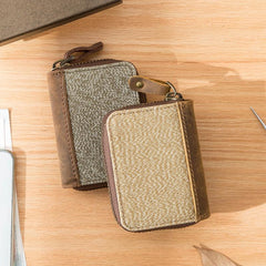 Gray Canvas Leather Mens Light Brown Small Wallets Zipper Bifold Card Wallet Coin Purse for Men