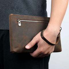 Dark Brown Leather Mens Large Business Wristlet Wallet Bag Zipper Clutch Wallet For Men