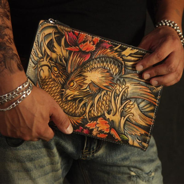 Cool Handmade Tooled Leather Pisces Clutch Wallet Wristlet Bag Clutch Purse For Men - imessengerbags