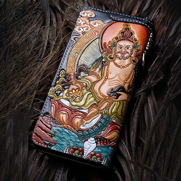 Handmade Leather Tooled Yellow Jambhala Mens Chain Biker Wallet Cool Leather Wallet Zipper Long Phone Wallets for Men - imessengerbags