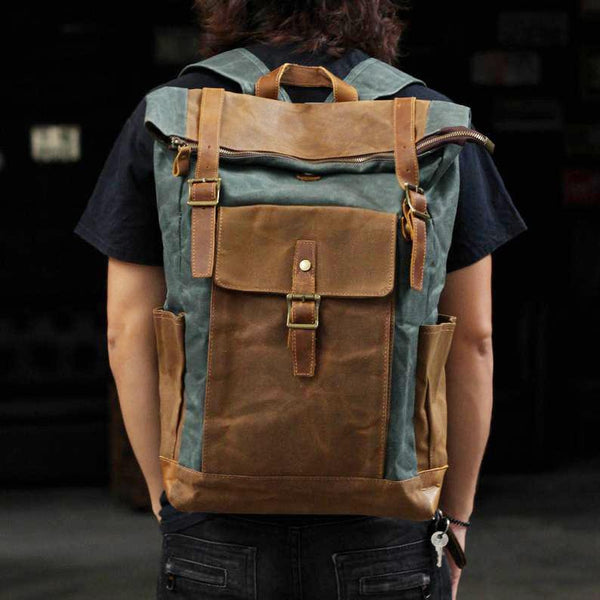 Cool Waxed Canvas Mens Waterproof Green Travel Backpack 15'' Gray Computer Backpack Hiking Backpack for Men - imessengerbags