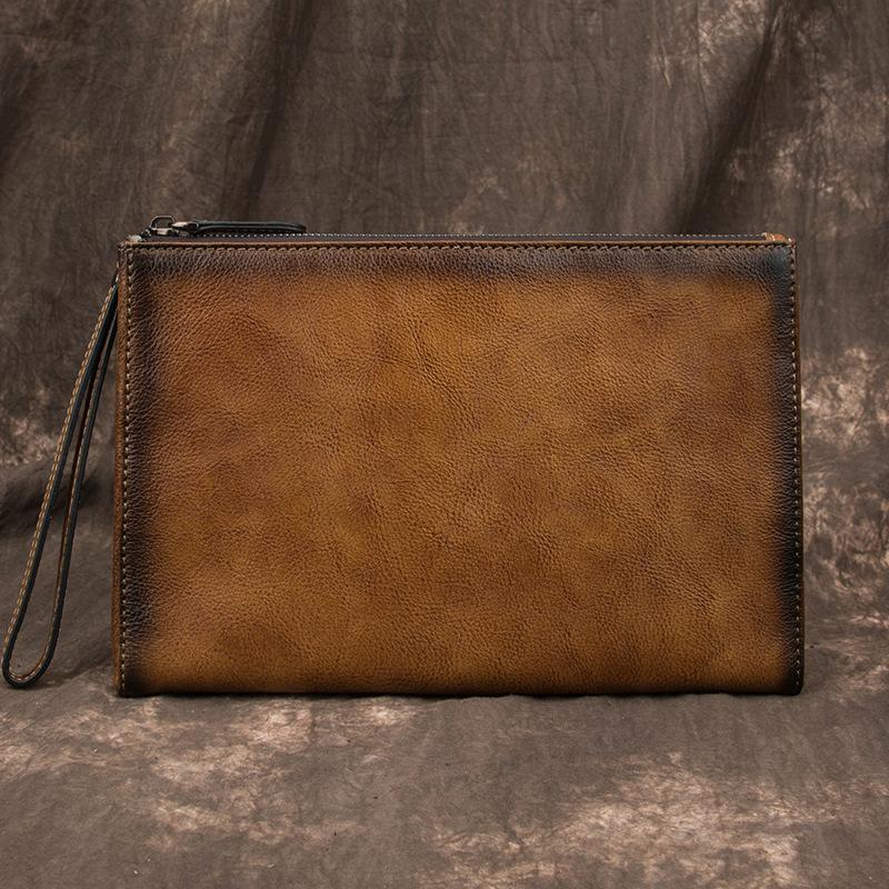 COOL MEN LEATHER Yellow Wristlet Bag LONG CLUTCH WALLETS ZIPPER VINTAGE Brown Envelope Bag FOR MEN - imessengerbags