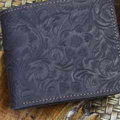 Handmade Leather Floral Mens Cool Slim Leather Wallet Men billfold Wallets Bifold for Men - imessengerbags