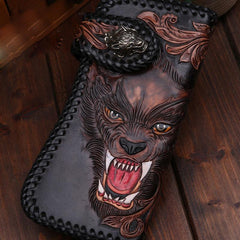 Handmade Leather Wolf Mens Chain Biker Wallet Cool Leather Wallet Long Phone Wallets for Men - imessengerbags