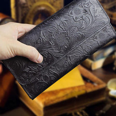 Handmade Leather Floral Mens Cool Travel Long Wallet Card Holder Card Trifold Clutch Wallets for Men - imessengerbags