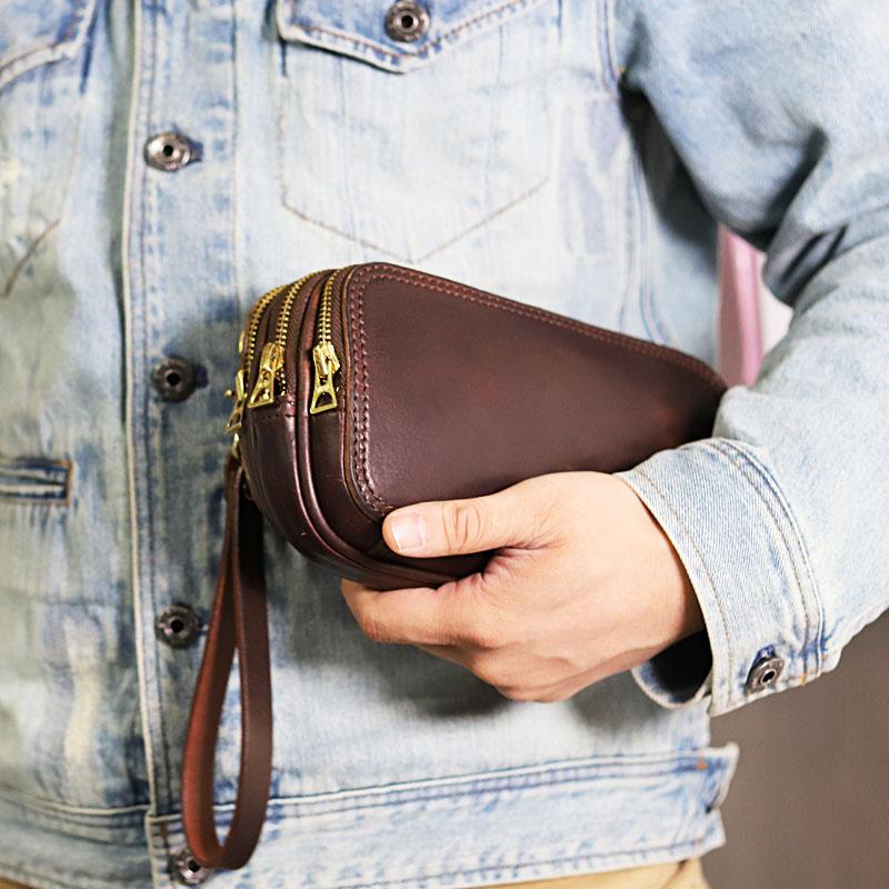 Vintage Leather Mens Clutch Cool Handmade Wallet Triple Zippers Clutch Wristlet Wallet for Men - imessengerbags