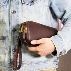 Vintage Leather Mens Clutch Cool Handmade Wallet Triple Zippers Clutch Wristlet Wallet for Men - imessengerbags