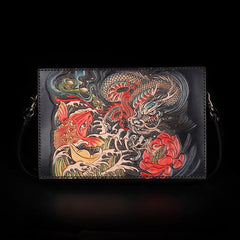 Handmade Black Tooled Dragon Carp Leather Clutch Wristlet Bag Messenger Bag Side Bag For Men - imessengerbags
