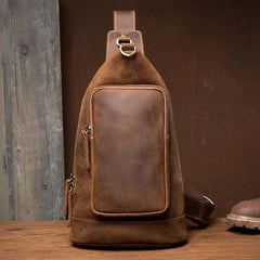 Brown Casual Leather Mens 8 inches Sling Bags Chest Bags One Shoulder Backpack for Men - imessengerbags