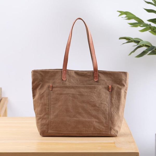 Casual Canvas Leather Mens Womens Large White Handbag Tote Bag Khaki Shoulder Bag Tote Purse For Men - imessengerbags