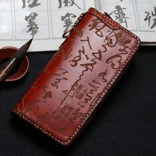 Handmade Leather Mens Chinese Handwriting Chain Biker Wallet Cool Leather Wallet Long Phone Wallets for Men - imessengerbags