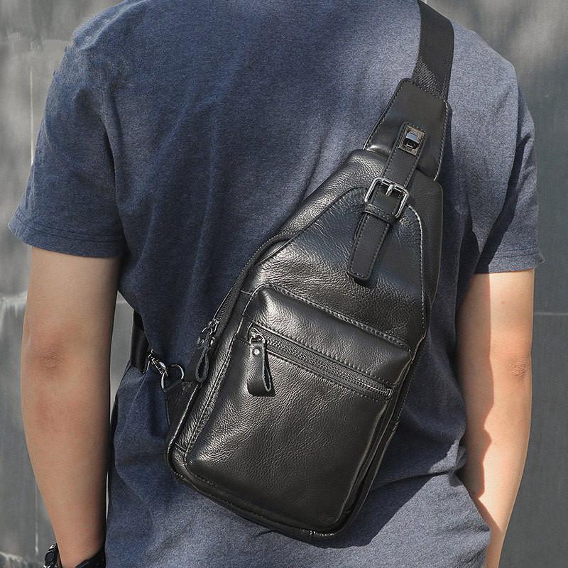 Black Leather Men's Sling Bag Coffee Chest Bag One Shoulder Backpack For Men