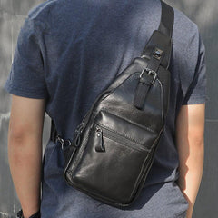 Black Leather Men's Sling Bag Coffee Chest Bag One Shoulder Backpack For Men - imessengerbags