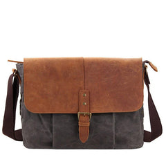 Navy Blue Leather Waxed Canvas Mens Side Bag Messenger Bags Gray Casual Courier Bags for Men - imessengerbags