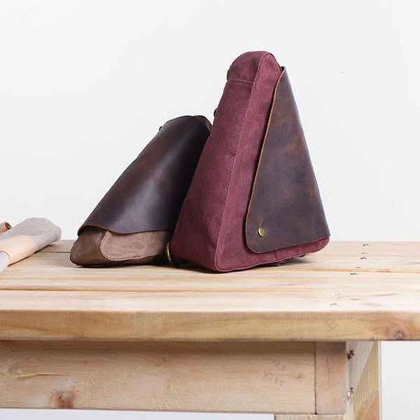 Cool Canvas Leather Triangular Mens Sling Bag Chest Bag One Shoulder Pack for men - imessengerbags