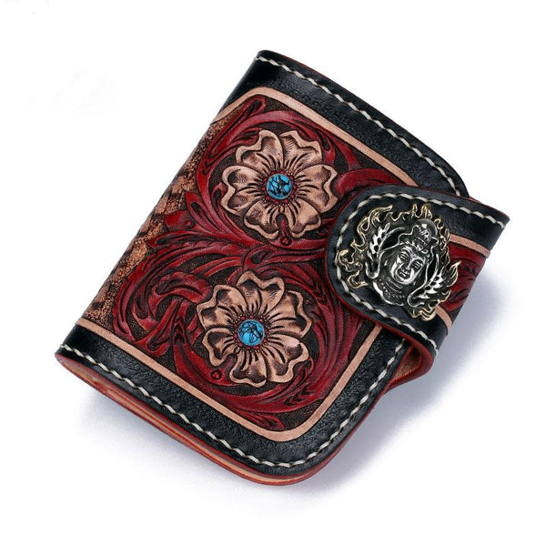 Handmade Leather Small Tooled Floral Mens billfold Wallet Cool Chain Wallet Biker Wallet for Men - imessengerbags