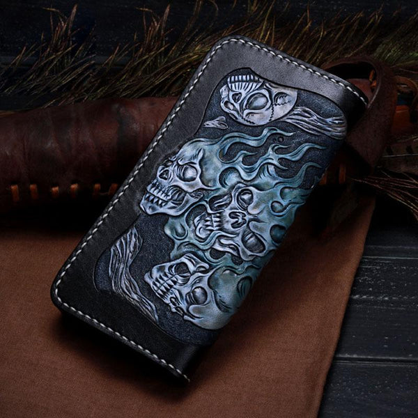 Handmade Leather Skull Tooled Mens Chain Biker Wallet Cool Leather Wallet With Chain Wallets for Men - imessengerbags