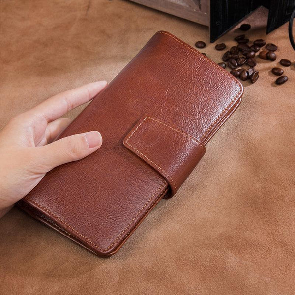 Brown Leather Long Wallet for Men Bifold Long Wallet Brown Multi-Card Wallet For Men