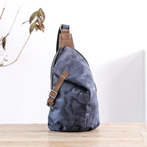 Canvas Leather Mens Camouflage Chest Bag One Shoulder Backpack Khaki Sling Bag for Men - imessengerbags