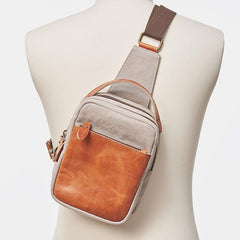 Cool Gray Canvas Leather Mens Sling Bag Chest Bag One Shoulder Pack for men - imessengerbags