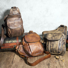 Brown MENS Vintage LEATHER Sling Bag Chest Bag Gray One Shoulder Backpack For Men - imessengerbags