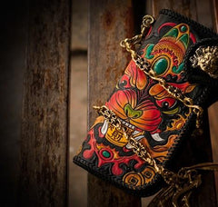 Handmade Leather Monster Mens Chain Biker Wallet Cool Leather Wallet Long Phone Wallets for Men