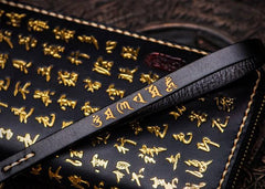 Handmade Leather Mens Chain Chinese Handwriting Biker Wallet Cool Leather Wallet Long Phone Wallets for Men