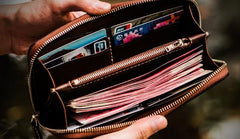 Handmade Leather Tooled Chinese Lion Mens Chain Biker Wallet Cool Leather Wallet Long Phone Wallets for Men - imessengerbags