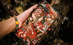 Handmade Leather Tooled White Jambhala Mens Chain Biker Wallet Cool Leather Wallet Zipper Long Phone Wallets for Men