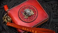 Handmade Leather Small Tooled Mens billfold Wallet Cool Chain Wallet Biker Wallet for Men