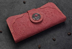 Handmade Leather Floral Mens Cool Travel Long Wallet Card Holder Card Slim Clutch Wallets for Men - imessengerbags