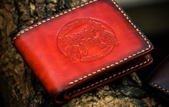 Handmade Leather Chinese Lion Tooled Mens billfold Wallet Cool Leather Wallet Slim Wallet for Men - imessengerbags
