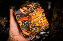 Handmade Leather Chinese Lion Tooled Mens billfold Wallet Cool Leather Wallet Slim Wallet for Men - imessengerbags