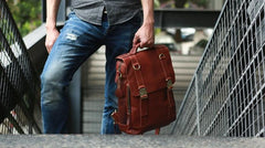 Red Brown Leather Mens Backpack Travel Backpacks Laptop Backpack for men