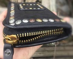 Genuine Leather Mens Cool Long Leather Wallet Biker Wallet Zipper Clutch Wallet for Men - imessengerbags