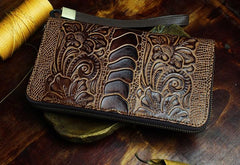 Handmade Leather Mens Tooled Floral Cool Zipper Phone Travel Long Wallet Card Holder Card Slim Clutch Wallets for Men - imessengerbags